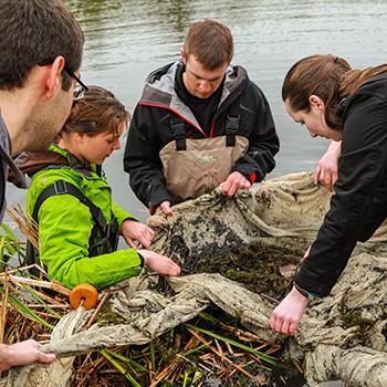 A group of people holding a net in a river looking at samples