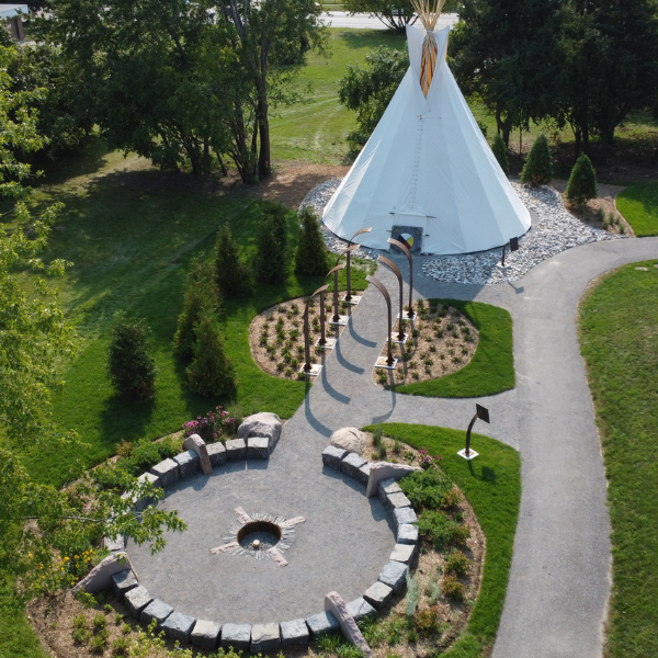 Aerial of Trent Durhams traditional area with tipi and medicine garden.