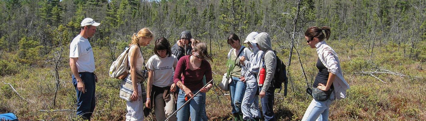 A group of students standing in a wetland taking a sample of earth, dressed in summer clothes